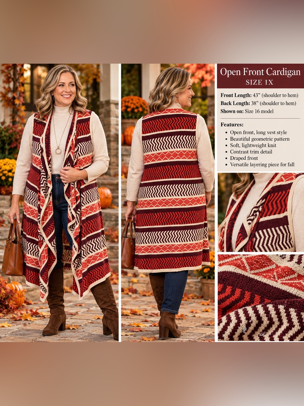 Cupio Open-Front Long Vest in Red & Cream Geometric Stripe Plus 1X